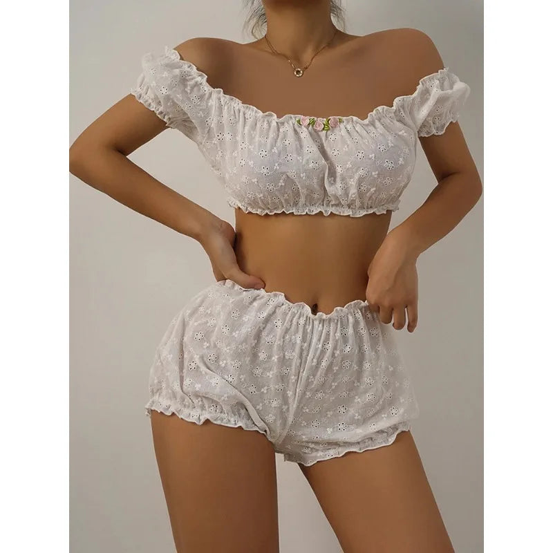 Sexy Lingerie Ruffles Floral Embroidery Women's Underwear Off Shoulder Sexy Bra Set Comfortable Cotton Intimate Underwear Set